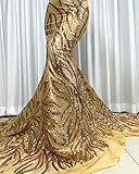 5Yard African Lace Fabric 2023 Gold French Net Sequins Fabric Sewing Embroidered Lace Tulle Nigerian Lace Fabric (5Yard,Gold)