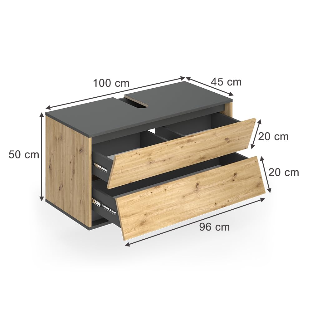 Vicco Meuble sous Vasque Simple Edelin, Anthracite/Artisan, 100x50cm | avec 2 tiroirs, pour montage mural et compatible avec siphons standards