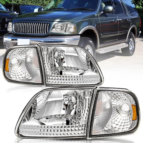 TUSDAR Headlight Assembly Compatible with 1997-2004 Ford F150 Expedition F250 w/Corner Lights 4pcs Halogen Headlamp Chrome Housing with Amber Reflector