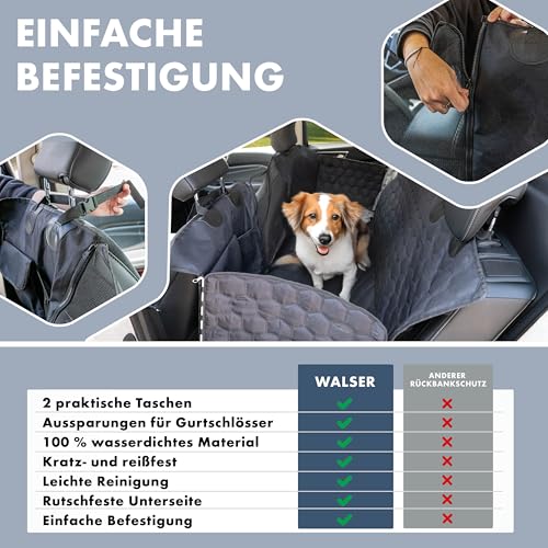 Walser Premium Auto Hundedecke Rocky, 100% wasserdichte Rücksitz Autoschondecke inkl. Seitenschutz und Sichtfenster, Rückbank Autodecke ideal für Reise & Transport mit kleinen und großen Hunden
