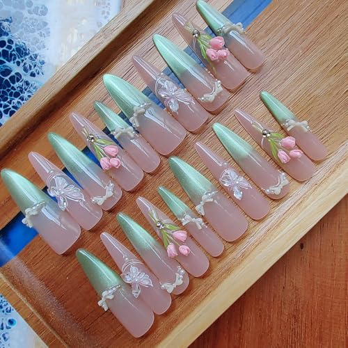 3D Handmade Press on Nails Long Almond Handcrafted Nail Art with Designed Flower Fake Nail Gift for Women /20 Piece Set