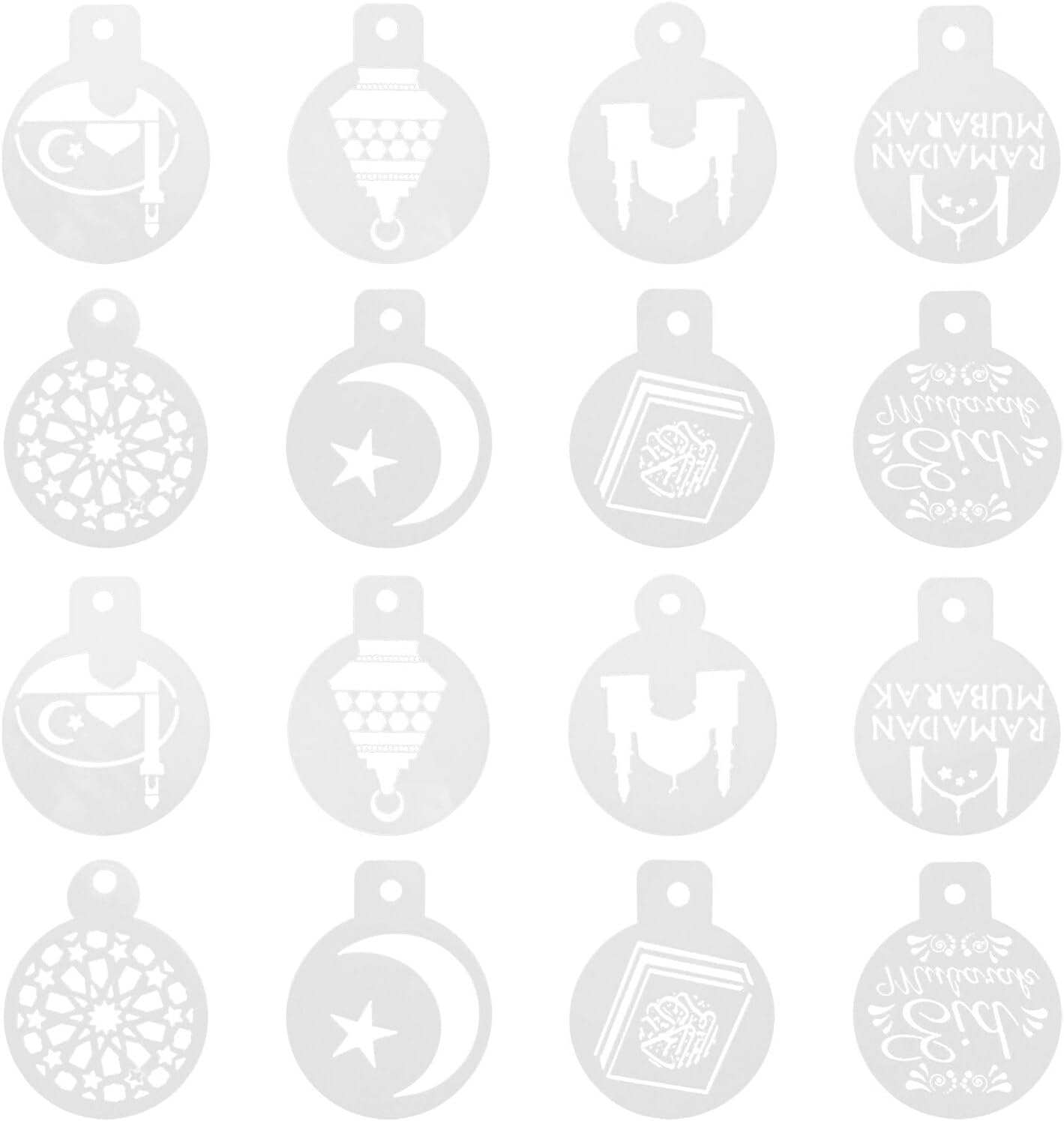 FUOYLOO Muslim Festival Cake Stencil Molds and Coffee Latte Stencil Templates, Plastic Baking Tools for Ramadan Cake Decorating, 16pcs Set
