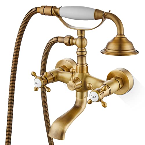 Airuida Antique Brass Wall Mount Bathtub Faucet With Handheld Shower Sprayer Wall Mount Only Tub Faucet Double Cross Handles Hot And Cold Water Mixer Tap Shower Vintage Style #TOP15