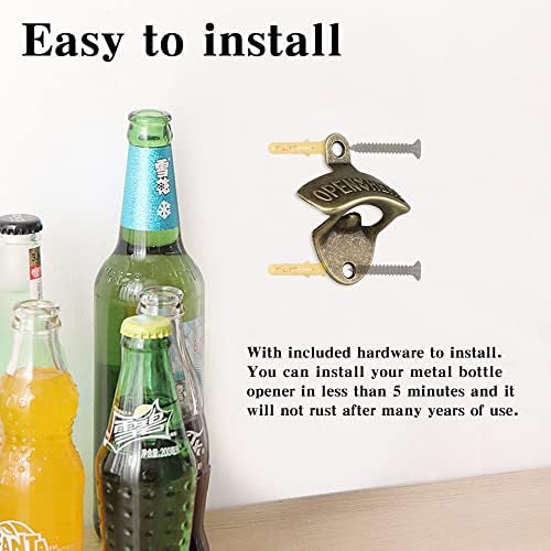4 PCS Wall Bottle Opener, Metal Wall Mounted Beer Bottle Openers, Wall Mount Soda Bottle Top Catcher, for Outdoor Bars Garden Outside Cabinet Wall Mount Antique Cap Openers ( Vintage - Bronze )
