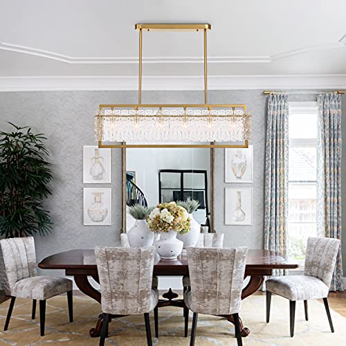 Moooni Luxury Rectangle Crystal Chandelier Modern Rectangular Led Pendant Lighting Gold Hanging Light Fixture For Dining Room Kitchen Island L40 X W 10" X H12-6 Lights #TOP5
