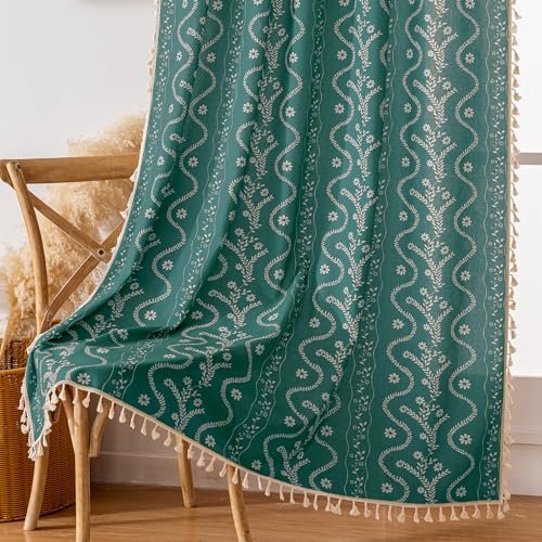 Image of Boho Curtains 45 Inch Long for Living Room, Bedroom, 2 Panels Floral Farmhouse Vintage Tassel Semi Sheer Light Filtering Privacy Window Curtain Drapes with Rod Pocket