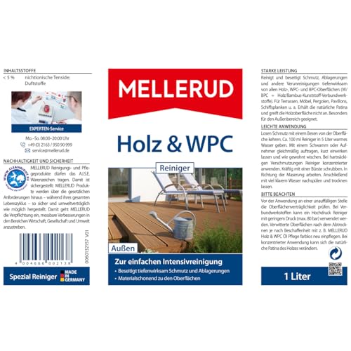 MELLERUD Holz & WPC Reiniger | 1 x 1 l | Zuverlässige Tiefenreinigung von Allen Holz-, WPC- und BPC-Arten im Innen- und Außenbereich