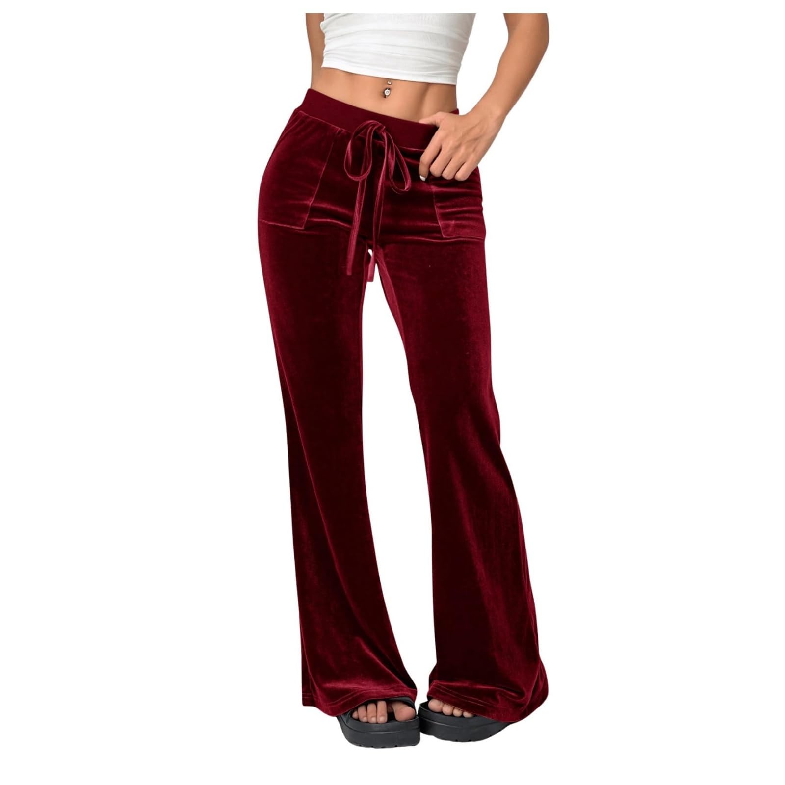Pull On Pants for Women Y2k Clothes Velvet Pants Solid Color Drastring Waist Wide Leg Flare Pant Casual