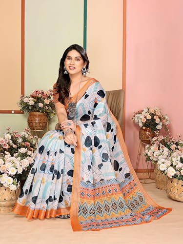 Image of Sidhidata Women's Cotton Linen Blend Lining Digital Printed Saree With Unstitched Blouse Piece (Linen Lining Saree)