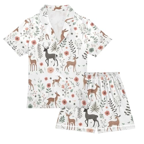 ALAZA Deer Floral Branches Pajamas Satin Pajama Set Short Sleeve Button Down Sleepwear