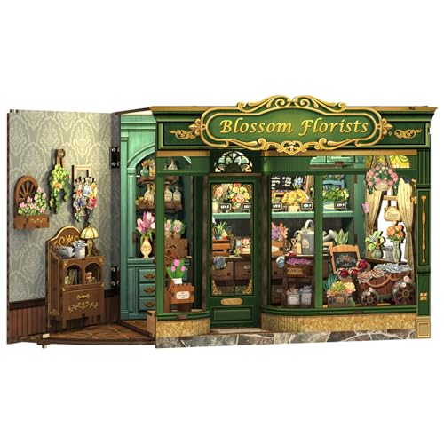 Cutefun Book Nook Kit - kit fai da te in miniatura per adulti, Modello Case delle bambole puzzle 3D in legno con LED, Regalo Creativo per Adulti e Adolescenti (Blossom Florists)