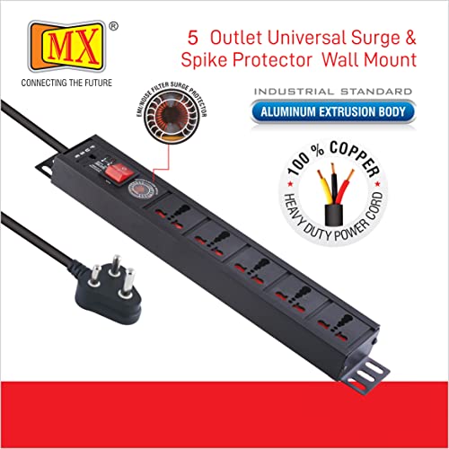 Image of MX Universal Socket Extension Board with Child Safety Shutter Power Strip Wall /Desk Mount Heavy Duty Alumminium Extrusion Body (5-outlet universal spike protector 1.5 MTR)