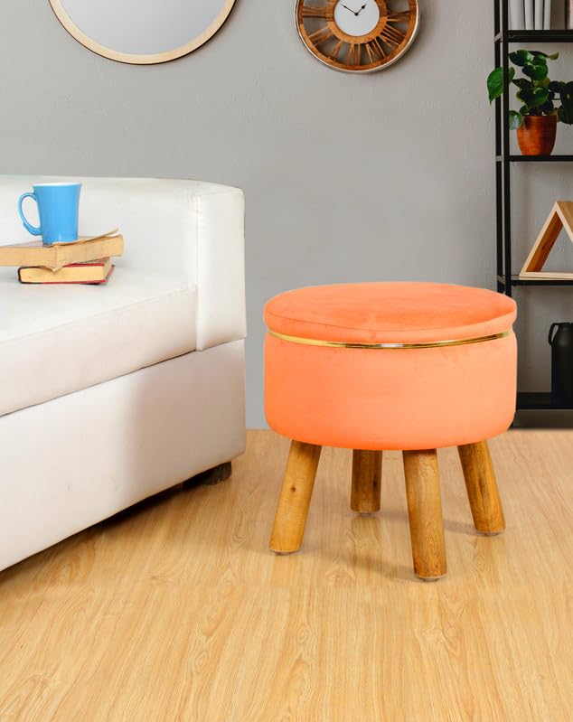 Image of Premium Velvet Round Ottoman Stool Cover - Stretch Ottoman Slipcover for Vanity & Footstool - Washable, East to Remove & Fits in 16-Inch Diameter, 8 Inch Box Height, Orange