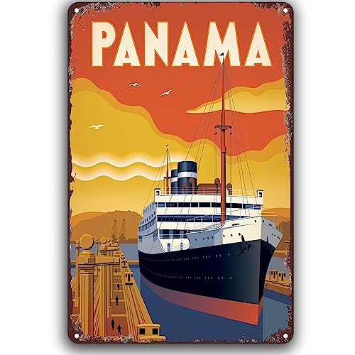 Panama Vintage Metallschild Panamakanal und Riesenschiff Antike Blechschilder Retro Reise Wanddekoration für Zuhause Büro Garten Man Cave Club Cafe 14 x 20 cm