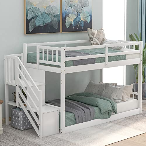 P PURLOVE Twin Over Twin Bunk Bed, Wood Bunk Bed Frame with Staircase, Staircases Can't Be Installed on Both Sides, No Box Spring Needed, White