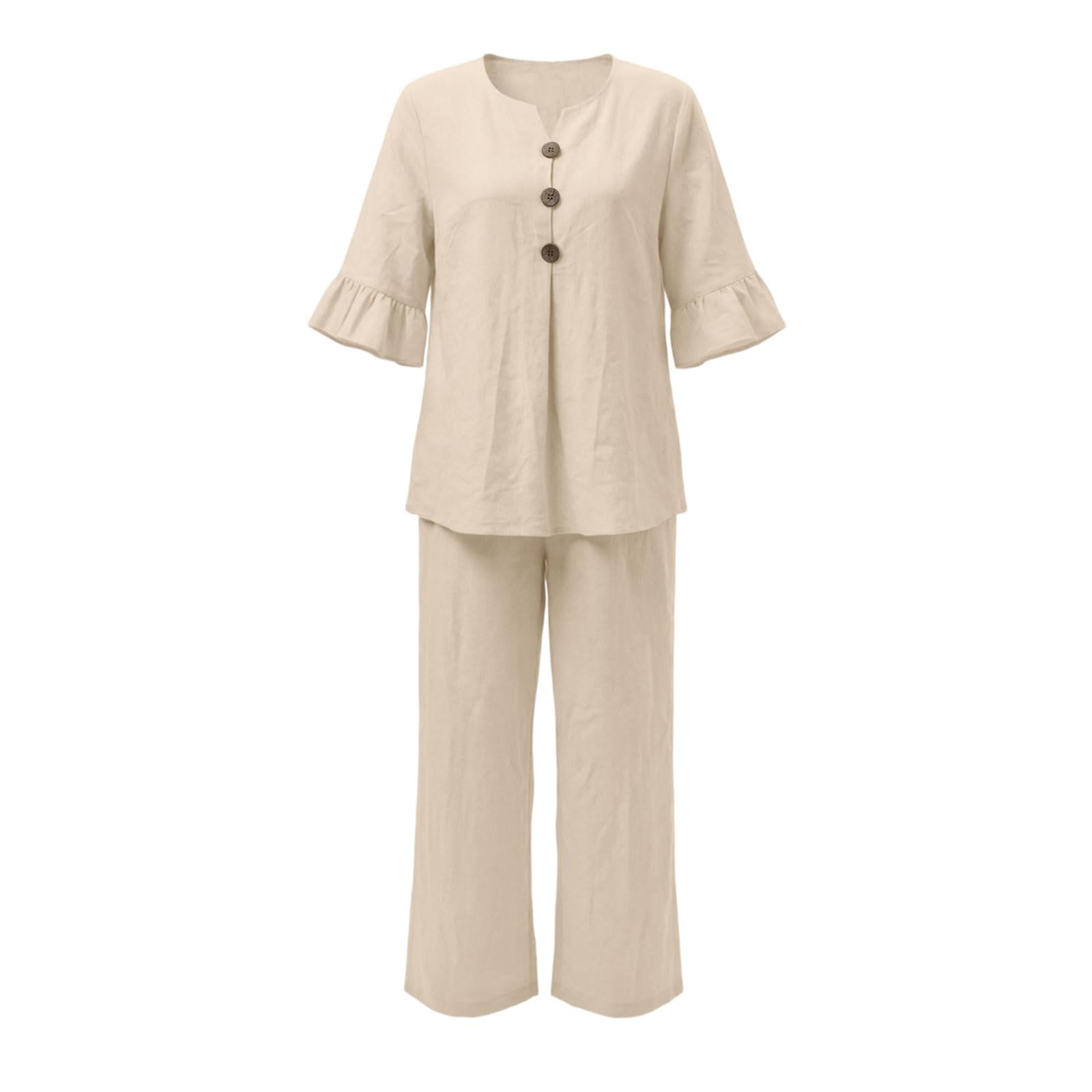 Ensemble Femme Chic et Elegant Deux Pièces Grande Taille Chemise Manches Longues Col V avec Bouton Et Pantalon Ample Taille Elastique Streetwear Outfit Set Léger Décontracté Couleur Unie Loungewear