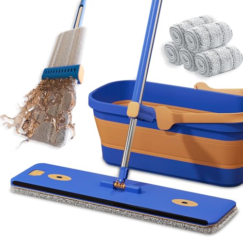 16.5' Self Wringing Flat Mop and Bucket Set, 55' Long Handle Microfiber Mop for Floor and Wall Cleaning, Hands-Free Wet & Dry Mop with Squeegee, 5 Replacement Pads & Collapsible Bucket