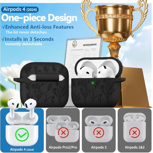 Image of Meyaar Silicone Case for AirPods 4 Floral Embossed, Flower Engraved Soft Silicone Cover with Keychain, Anti-Scratch, Shockproof Protective Case Cover (Black, for AirPods 4 (2024)