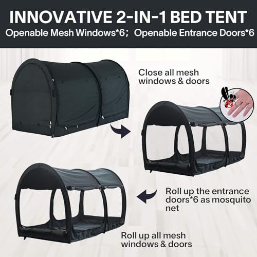Image of Alvantor Bed Canopy Bed Tents 2-in-1 Dream Tents Privacy Space Twin Size Sleeping Tents Indoor Pop Up Portable Frame Curtains Breathable Gray Cottage Reducing Light & Air Ventilation