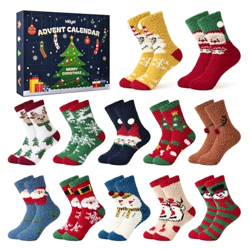 Moyel Advent Calendar 2025 for Kids 8-12 Year Old and Teens Fuzzy Christmas Socks with Grips 12 Days of Sock Advent Calendar for Boys Girls Funny Gifts for Teen Boys Girls