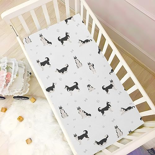 Image of Fitted Crib Sheets Cute Dogs Siberian Husky Stretchy Portable Playard Sheets for Baby Toddler, Breathable Soft Mini Crib Mattress 39 x 27 in for Boys and Girls