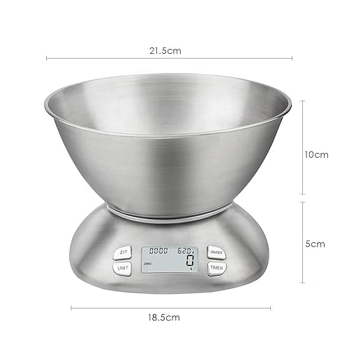 Miniatura 9 de Báscula digital de cocina con cuenco extraíble de 2.5 L, báscula electrónica de acero inoxidable para cocinar hornear, temperatura ambiente,