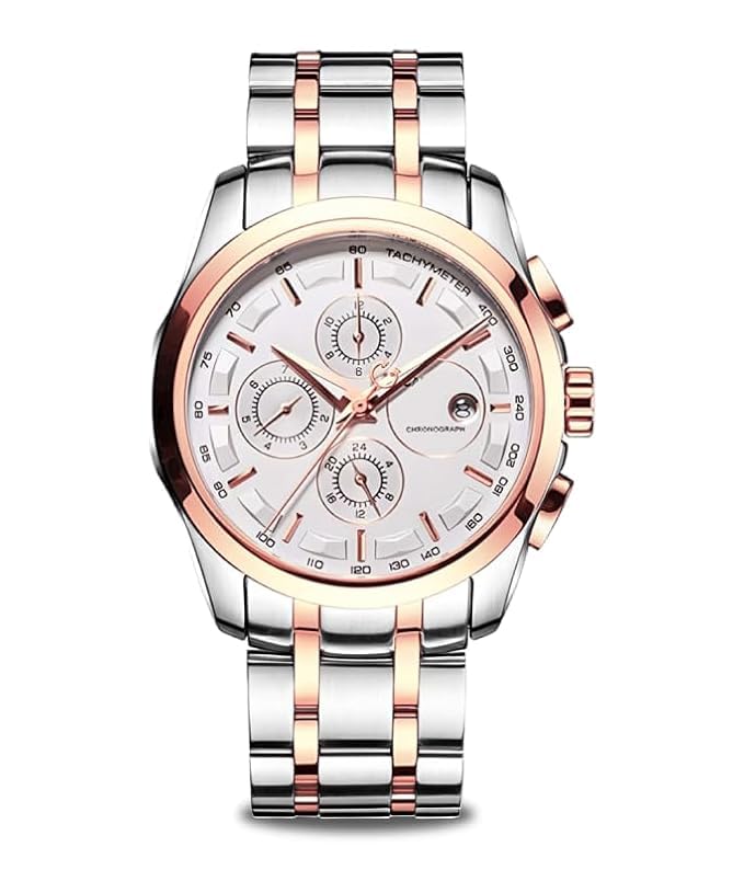 EVRGLOW Mens Golden Analog Luxury Stainless Steel Office Business Wrist Watch for Men Octagonal Case