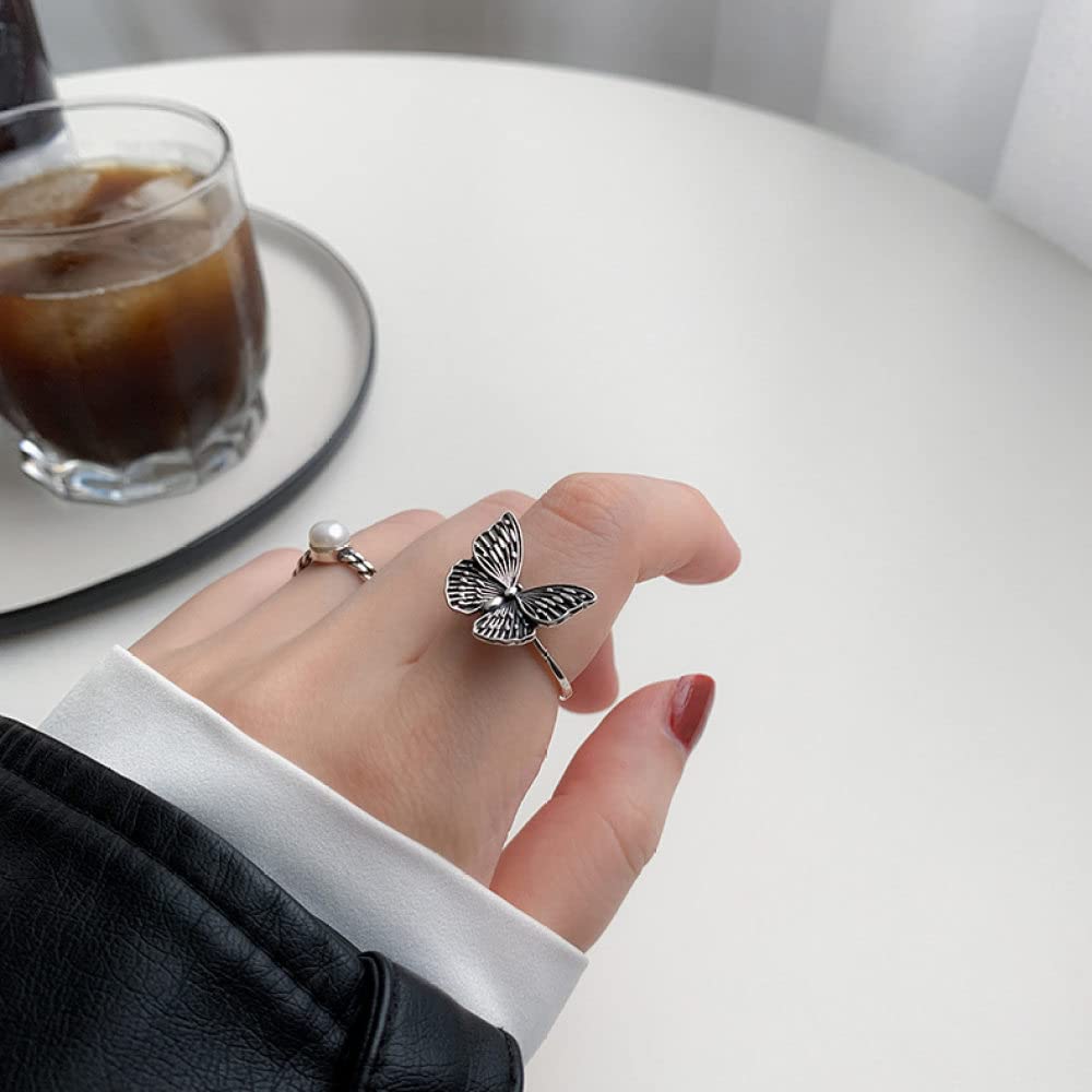 HGJH Verstellbarer Ring, S925 Sterling Silber Perlenring Verstellbare Ringe Retro Offener Ring Silber Daumenring Ewigkeitsring Hochzeitscharme Schmuck Geschenke Für Männer Mädchen Damen
