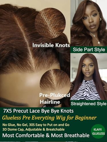Image of KLAIYI Bye Bye Knots Glueless Wig Reddish Brown Body Wave 7x5 Pre Cut HD Lace Front Wigs Human Hair Put On And Go Wig Pre Bleached Pre Plucked with Baby Hair 30S Ready To Wear 150% Density Full 22Inch