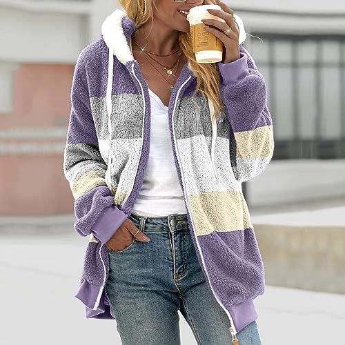 Fuzzy Fleece Jackets for Women Plus Size Hoodies Fall Winter Coats Color Block Patchwork Cardigan Coat with Pockets