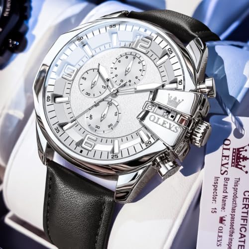 Image of OLEVS Men Watch Big Face Chronograph Waterproof Leather Strap Fashion Watch