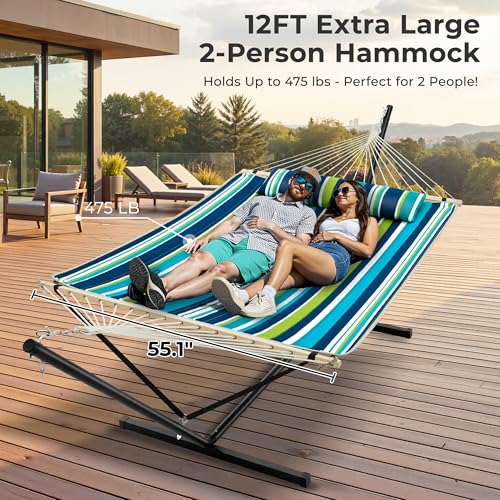 Image of SUPERJARE 12ft Double Hammock with Stand, Rope Hammock for 2 Person, Detachable Hammock Bed and Pillow, Portable, Anti-Tip Safety Ropes, Carry Bag, Outdoor Backyard Patio Camping, Dark Cyan