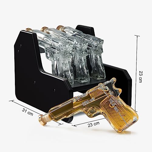 Image of Gifts for Men Dad Whiskey Decanter Set | 7.7 Oz | Three Pistol Gun & Wooden Stand, Unique Birthday Gift Ideas Daughter Son, Home Bar Gifts, Drinking Accessories Military Present Cool Dispenser