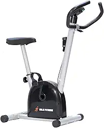 Bicicleta Ergométrica Vertical, Compacta, Assento Ajustável, Monitor de Velocidade, Preta e Prata.