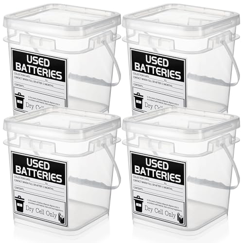 Foxtell 4 Pcs Battery Disposal Container 1 Gallon Dry Cell Storage with Label Battery Recycling...