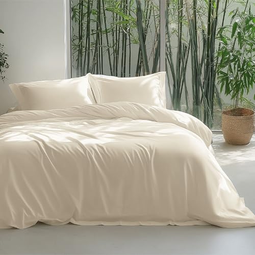Bedsure Silky Cooling Duvet Cover King Size - Lightweight 100% Rayon Derived from Bamboo Comforter Cover Set for Hot Sleepers, Breathable & Moisture-Wicking Bedding Set, Light Beige