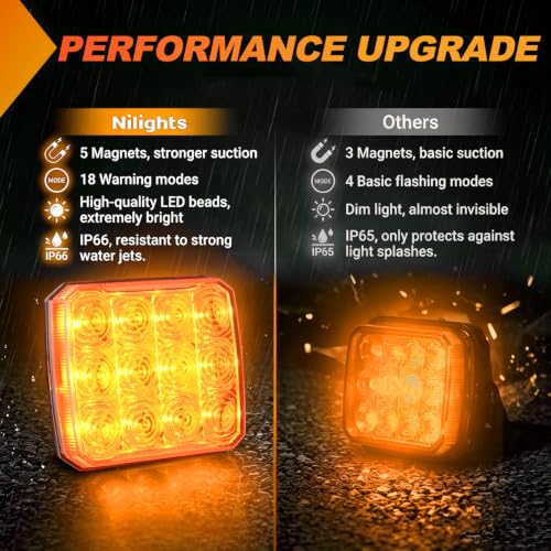 Image of Nilight Magnetic Strobe Lights 2PCS Amber 12 LED Rechargeable Warning | 18 Flash Patterns Waterproof Wireless Emergency Hazard Beacon for Trucks Trailers Snow Plows Buses Cars