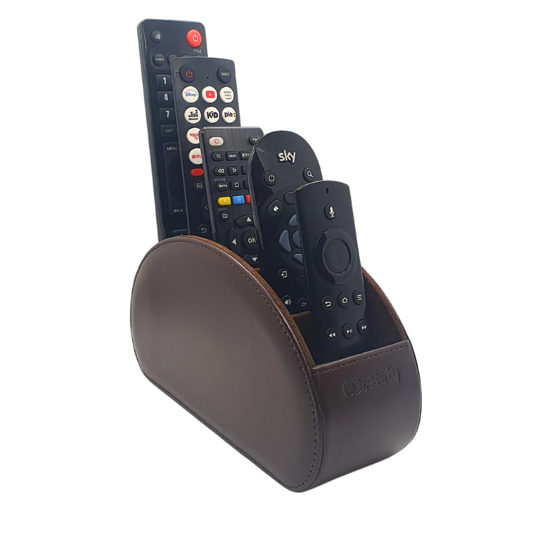 N3cessity Remote Control Holder/Desktop Organiser - Storage Caddy with 5 Compartments Fits Office Supplies, Makeup Brushes. (Brown)