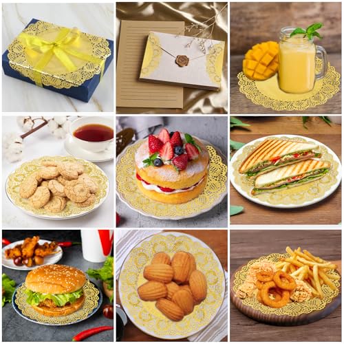 50 Stück Spitzendeckchen Rund Tortenspitze Gold, Tortenspitze Papier Rund Papierdeckchen Tischsets Papier, Papieruntersetzer für Hochzeit Geburtstag Kuchen Desserts Geschirr Lebensmitteldekoration (B)