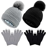 4 Pieces Womens Winter Satin Lined Knit Pom Beanie Hats Touchscreen Gloves Set (Black and Gray,Cute Style) -  SATINIOR