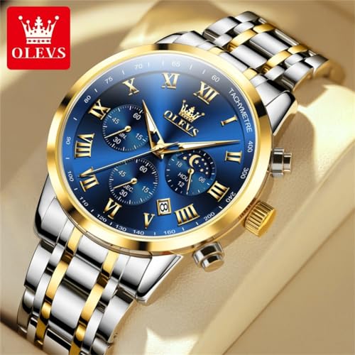 Image of OLEVS Men Multifunction Watch, Multi Dial Waterproof Luminous Chronograph Men's Watch with Date Gift for Men,Stainless Steel Watches for Men,Classic Men Wrist Watch, gold sliver band blue face-5529G