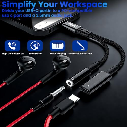 Image of Verilux PD 60W Type C to 3.5mm Headphone Charger Adapter, 2 in 1 Splitter Type C to USB-C Fast Charger & 3.5mm Headphone, Nylon Braided Cable for iPhone 17 /17 Pro /17 Pro Max /16 /15 Series