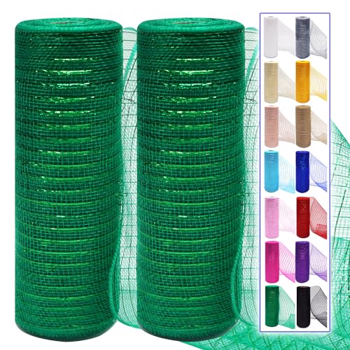 2 Pcs Green Deco Mesh Ribbon Rolls 10 Inch 10 Yards(30 ft) Decorative Mesh Fabric with Foil for Wreaths Christmas Tree Ribbon Door DIY Craft Halloween Decor Wedding Party Supplies (Green 2Pcs)