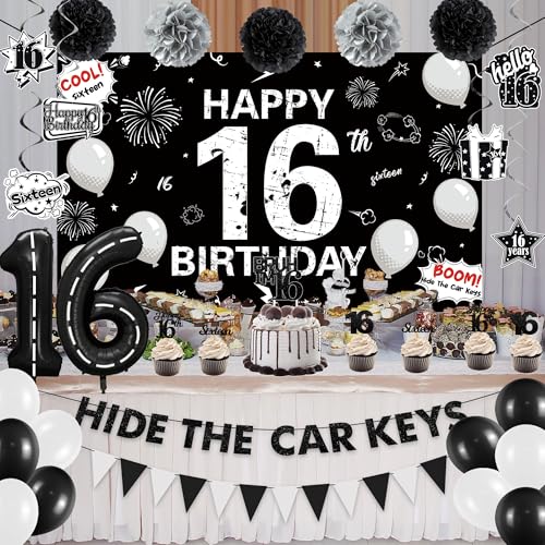 Image of Holkcog Black 16th Birthday Party Decorations for Boys, Cheers To 16 Years