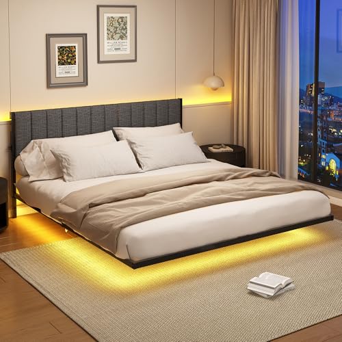 DUMEE King Size Bed Frame with Upholstered Headboard, 5ft Floating Upholstered Bed Frame King Size with Charging Station and LED Light, Metal Slats Support, Gray