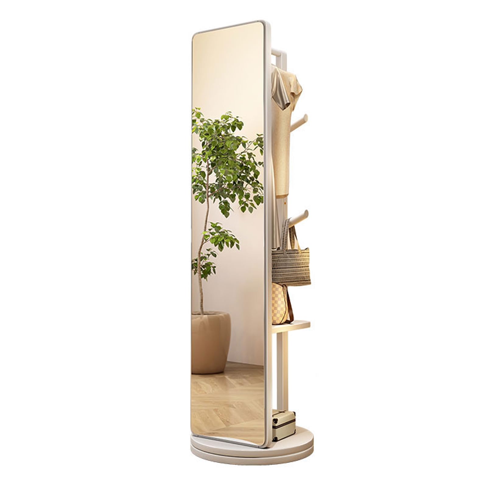 360° Rotatable Full Body Mirror, 2-in-1 Floor Mirrors and Coat Rack, Wood Full Length Mirror with Coat Rack, For Bedroom, Living Room