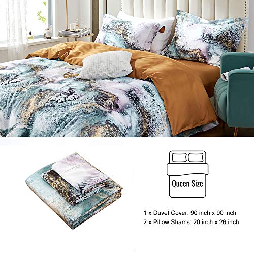 Mildly 100% Egyptian Cotton Duvet Cover Set Green Golden Grey Mixed Marbling Pattern Printed Comforter Cover Set Abstract Unique Design Bedding Set Queen Size With Zipper Closure & Corner Ties #TOP3