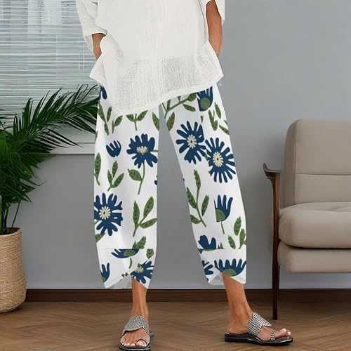 Womens Floral Print Wide Leg Palazzo Pants Cotton Linen Summer Beach Trousers with Elastic High Waist Pockets2