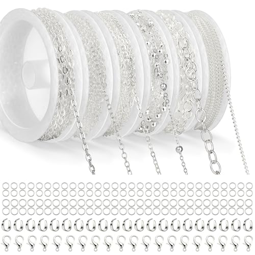 Draupnir 14m 6 Rollos Cadenas Hacer Joyas, Cadena de Collar Plata Kit Cadena Eslabones con Cierres de Langosta, Anillos de Salto y Cierre en Forma de U para Accesorios DIY Hacer Joyas
