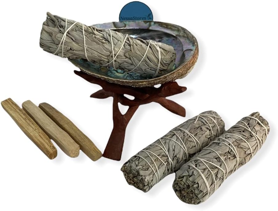 NESSASTORES - Medium Size Smudge Kit - 5"-6" Abalone Shell + 6" Wood Stand + 3 pcs 5" White Sage + 3 pcs Palo Santo #JC-212 (1 Kits)